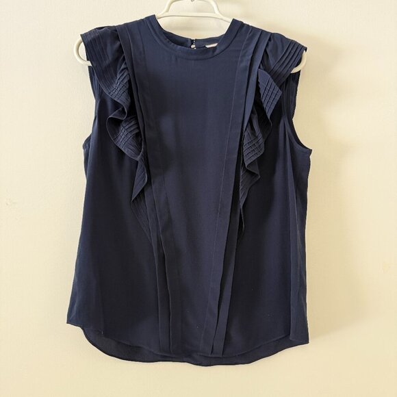 Rebecca Taylor Navy Blue Ruffle Pintuck Sleeveless 100% Silk Blouse Top - Picture 1 of 6